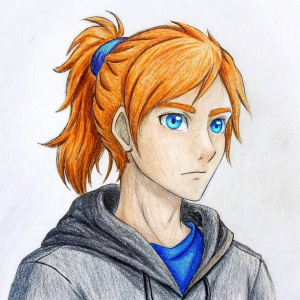 chico de 18 años, con pelo pargo atado con una coleta y su pelo es cafe, ademas tiene una camisa negra y un paleron gris y ojos azules y tiene una mirada fria