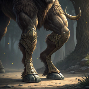 Digital art of a mythical creature's legs. Lower body of a minotaur. Muscular structure with hooves. Dark, detailed background