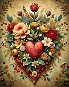 vintage boho valentine's card design with heart and flowers