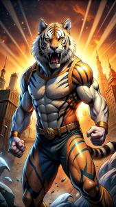 ((us-comic-style)) illustration featuring tiger creature, dynamic and aesthetic