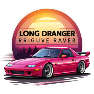 Pink color Mazda rx7 in Sunset, vector style, for printing, white background, with text "long range driver"