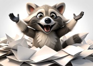 In this image, you can see a joyful raccoon sitting in a pile of scattered papers. He looks happy and open-mouthed, expressing joy or delight. The raccoon is holding the papers in his hand, perhaps looking at them or holding them out to the camera. This scene gives the impression that the raccoon is engaged in something fun or interesting, perhaps having fun looking at or playing with the papers.