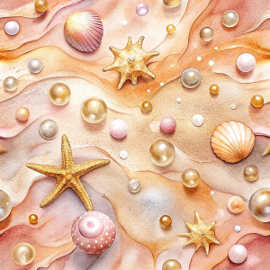 Pattern Seamless, Vector, Vintage Old Soft Colors, Shade Pink, Abstract Hand-Draw, Beach Shore, Sand with Water Drops, Starfish, Sea Shells, Golden Pearls. Realistic