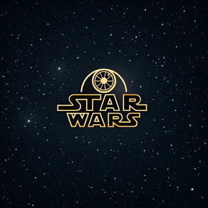 Official logo for Star Wars. Dark space background with stars