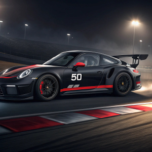 A detailed illustration of a sleek, black Porsche 911 GT3 RS. The vehicle sports a bold red stripe and features the number 50. The background is a dimly lit race track, highlighting the car's aerodynamic design.