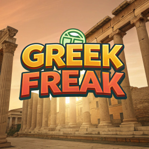 Dynamic and youthful font ad featuring bold, colorful 'Greek Freak' in a modern, cartoonish style. Thick, lively letterforms on a warm, earthy palette. Inspired by ancient Greek and Roman architecture. Premium logo badge front and center. Aimed at a younger audience.