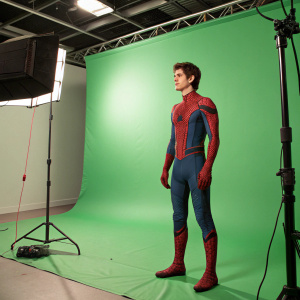 Andrew Garfield, dressed as Spider-Man, standing against a green screen. Studio setup with modern lighting.