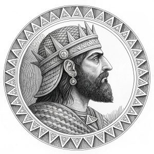 A detailed black and white engraving depicting an Assyrian king, adorned with a beard and regal attire. The central figure is framed by a complex border filled with geometric shapes and symbols, evoking the style of historical woodcuts with fine line work and shading.