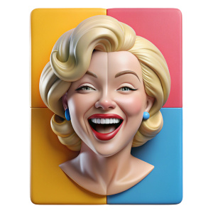 THE PAINTING IS A Marilyn Diptych WHERE MARILYN MONROE IS SMILING AND LAUGHING ON 4 SIDES, A MULTICOLORED BACKGROUND ON EACH SIDE
