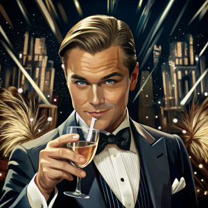 DiCaprio with a glass of champagne from the movie the Great Gatsby meme 