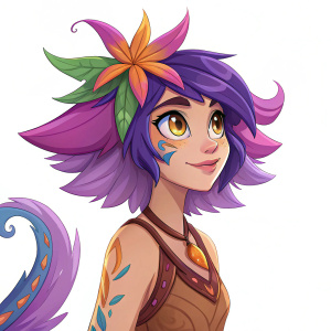 Neeko, a character from the game League of Legends, illustrated digitally. She has purple hair and a unique tail-like feature. Wearing a brown outfit. Brightly colored and highly detailed digital art against a white background