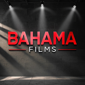 Logo design for Bahama Films. Modern, sleek font. Bold red and black tones. Central placement, dramatic lighting. Shadow effects give it depth and intensity.