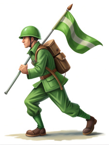 A soldier holding a flag, the soldier is walking, the soldier has a green helmet on his head, side view, cartoon, white background,realistic drawing