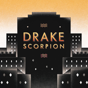 Drake's album 'Scorpion' cover. Vibrant neon colors, featuring Drake's name in bold font. Nighttime urban cityscape, with intricate graphic designs and halftone patterns.