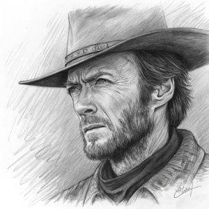 A detailed charcoal sketch of Clint Eastwood. His intense gaze and distinctive facial hair are captured with precision. Rough and expressive lines evoke the spirit of a live portrait sketch.