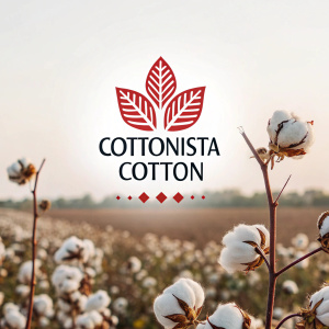 Digital illustration of 'Cottonista Cotton' brand featuring stylized cotton plant logo and 'Cottonista Cotton' text. White, red, and earthy tones create a modern and approachable design highlighting natural cotton origins. Soft blurred cotton field background.