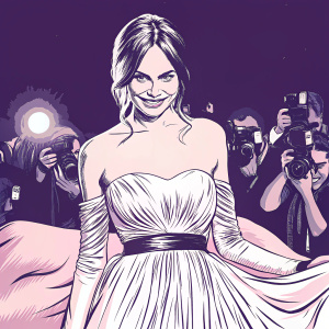 Cara Delevingne, on the glamorous red carpet, posing with a radiant smile. Dressed in an elegant burgundy gown with intricate pleats and long sleeves, complemented by a black belt. Surrounded by paparazzi.