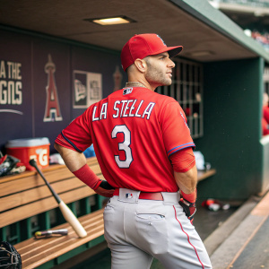 Tommy La Stella, baseball player, in a red jersey with his name 'La Stella' emblazoned on the back. Posing in the dugout.