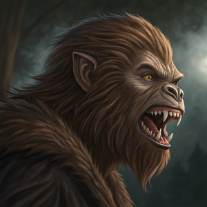 Digital illustration of a Kzin from Star Trek. Intimidating visage with sharp teeth and brown fur. Dark background intensifies the creature's menacing appearance.