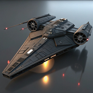 Digital 3D render of Kylo Ren's sleek black starship, detailed textures and intricate design elements characteristic of the Star Wars universe.