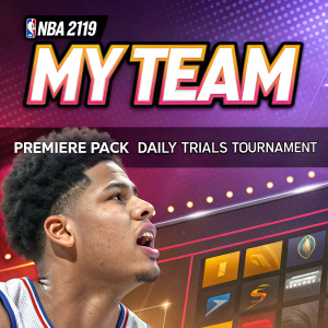 NBA 2K19 MyTeam interface, featuring dynamic UI elements. Bright and engaging design with text graphics, vibrant colors. Showcase various features like premiere pack, daily trials, and tournament sections.