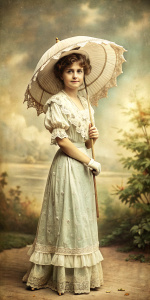 junges lady stehend  in hübschem Hut und Spitzen Kleid mit ambrella, old Foto Style