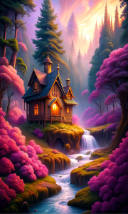 a small pink cottage house covered in golden silk situated in a silver magical forest next to a magical river