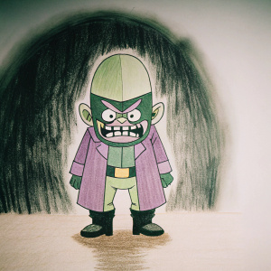 A sketch of Mojo Jojo, the notorious villain from Powerpuff Girls. Wearing a purple lab coat, green pants, and boots. Fuming with anger, sharp teeth bared. Set against a dark, ominous backdrop.