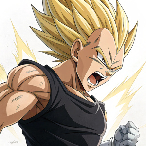 Vegeta, from Dragon Ball Z, fierce look, muscle build, black sleeveless shirt. Empty space background.