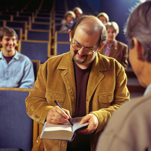 Salman Rushdie at an author signing. He's wearing a brown corduroy jacket, glasses, and a faint smile. Sparse crowd in the background