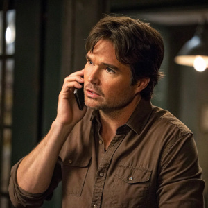 Matthew Settle as Jackson Zane in 'Law & Order: Special Victims Unit'. Intense expression, wearing a casual brown shirt. In a phone call. Dimly lit indoor setting with blurred background.