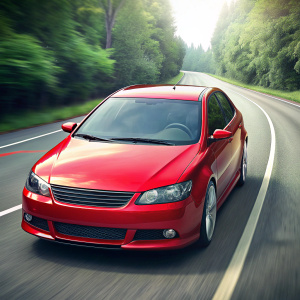 a red car with tinted windows drives down the road