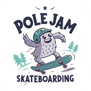 Logo for Pole Jam Skateboarding featuring a friendly, cartoon-like skateboarding creature with a broad, stylized font for the brand name above and 'skateboarding' in bold black text at the bottom on a white background.