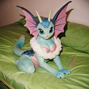 blue fur Vaporeon in bra on bed. make the vaporeon realistic with tis long tail and blue fur that covers its whole body.