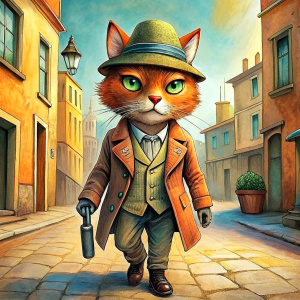 a mean-looking cat, dressed like greedy man in a casual wear, wearing a wrist watch and a baseball cap, and holding a gun, walking in a street, in the style of 'fantastic mr fox' cartoon, full view