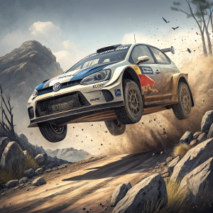 The Volkswagen Polo R WRC rally car mid-jump, over rough terrain, during the FIA World Rally Championship event.