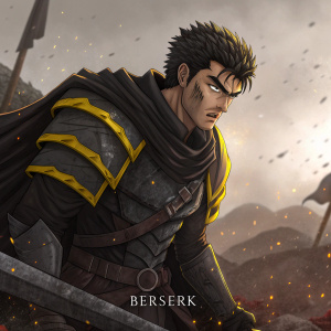 Guts from Berserk, intense face, sharp hair, fierce gaze. Dark with yellow accents. Dark armor with sharp details. Dramatic with strong contrast and shading. Standing on a battlefield, surrounded by chaos. 'BERSERK' at bottom. Digital art.