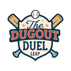 Creative logo design for 'The Dugout Duel'. Fun, sporty theme. Bone-shaped emblem with playful typography. 'The Dugout Duel' prominently displayed, 'leap' written in smaller font at the bottom.