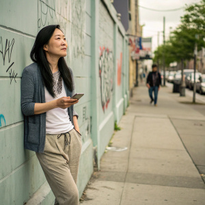 Asian woman in her mid-thirties, long straight black hair, relaxed pose on a concrete sidewalk. She holds a cellphone and wears a casual outfit. Background features a graffiti-covered wall and a few passersby.