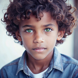 imagem de um garoto moreno olhos verdes e cabelo cacheado