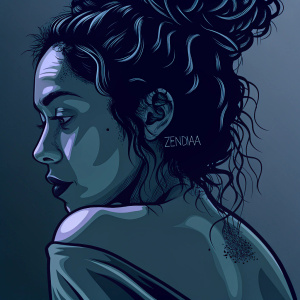 Digital art of a young woman with a 'Zendaya' tattoo on her shoulder. Curly hair in a bun, wearing minimal makeup. Gray background