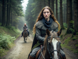 Determination unbroken alana, however, continued to ride without responding to his pleas. her determination seemed unyielding, as if she was determined to maintain her distance. characters alana. description alana's determined ride away from jon. era medieval fantasy. attire alana in her travel clothes. location forest pathway. action alana's determined ride. background dense forest. shot type medium shot. style hyper-realistic, cinematography, photo-realistic, humans.