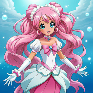 anime mermaid with tan skin pink hair and cyan tail wearing pink precure dress with white long gloves full body