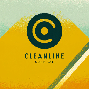 Business card for 'Cleanline Surf Co.' Modern, minimalist design. Logo is large, black and blue swirl pattern. Clean lines, simple layout.