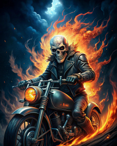 rocker style, a skull riding a cross bike, with flames of fire coming out of his clothes, sparks of fire flying, maximum detail, the best quality, the matte structure of the cover immerses in an energetic aggressive atmosphere, front posture