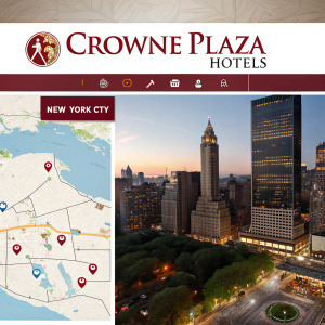 Interactive website for Crowne Plaza Hotels. Features include map of US locations, detailed booking options, and multimedia tours. Focus on New York City venues.