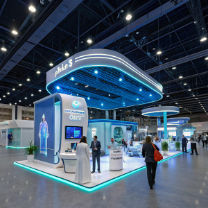 Interactive exhibit at the Arab Health conference. Atlas Medical's booth. Futuristic design, blue accents. Crowded exhibition hall, bright lights, high ceilings.