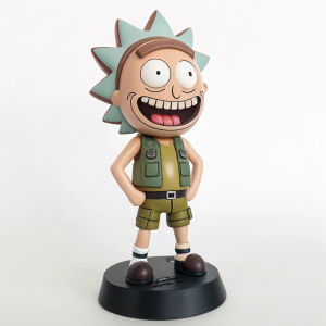 A detailed figurine of the Rick and Morty character Stealy, with a wide grin and muscular build. Wearing a vest and cargo shorts, standing in a playful pose on a black pedestal with white backdrop.