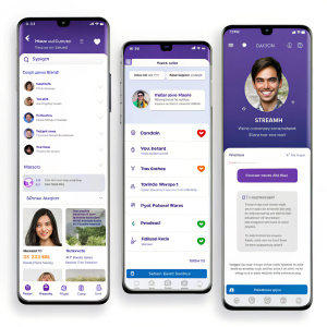 Multiple screenshots showcasing Yahoo! Messenger's features: chat, profile, and login interfaces.
