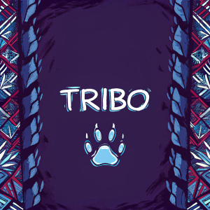 Design concept: TRIBO logo featuring a paw print graphic. Bold white typography on a deep brown background. Surrounding border with intricate tribal patterns in red, black, and white. Modern flat design with a focus on clarity and graphical elements.